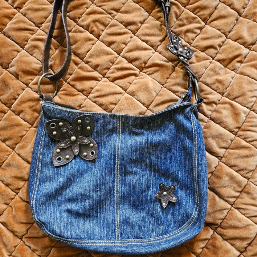 Y2k Vintage Denim Shoulder Bag With Gold Studded Leather Flowers